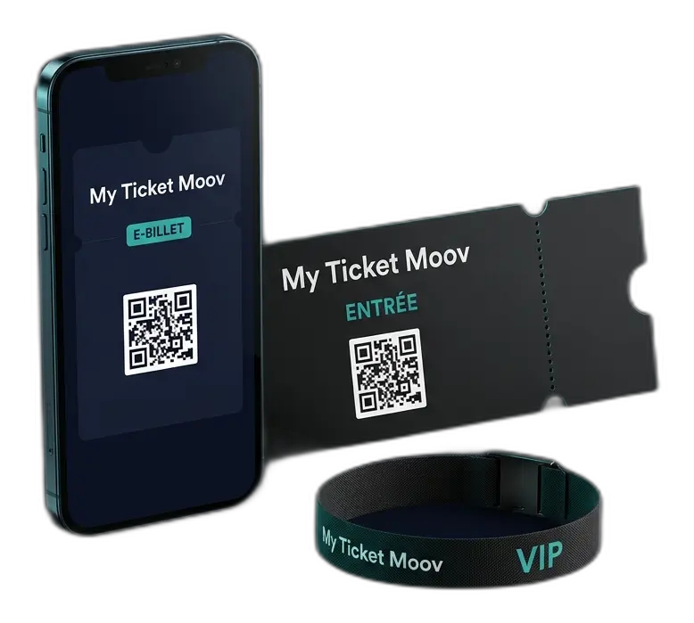 Le e-billet My Ticket Moov sur un téléphone, le billet imprimé au guichet et le bracelet VIP